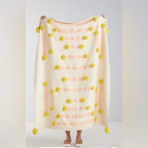 Anthropologie Cozy Cream, Pink, Yellow Pom-Pom Throw Blanket
